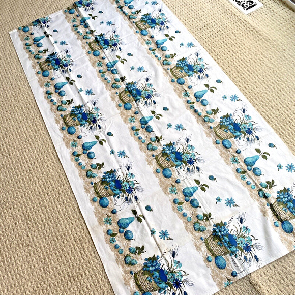 Vintage Tablecloth 70’s Handmade Picnic Buffet Cloth Aqua Blue Tan Fruit Basket - Picture 8 of 8